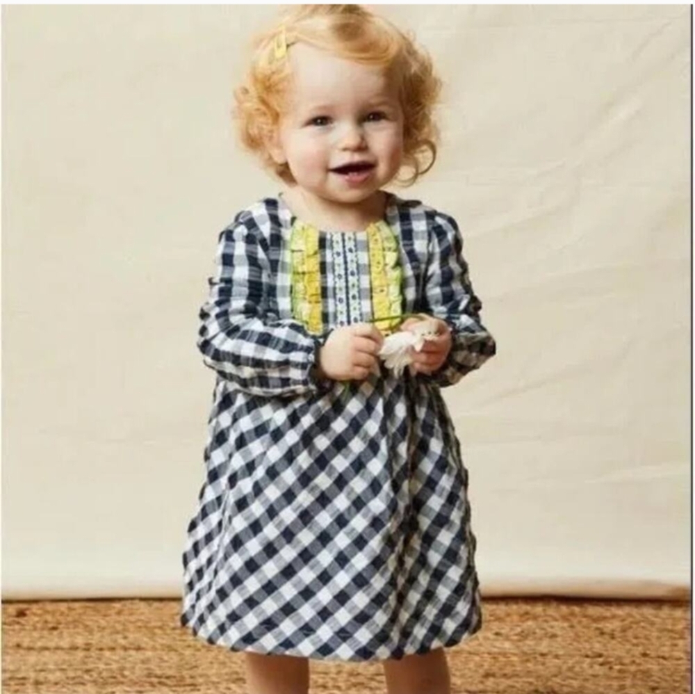 Brand New with tags Matilda Jane Baby Gingham dress navy, green, and yellow.